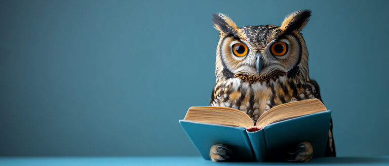 Eule mit aufmerksamen Blick hält ein geöffnetes blaues Buch vor blauem Hintergrund.