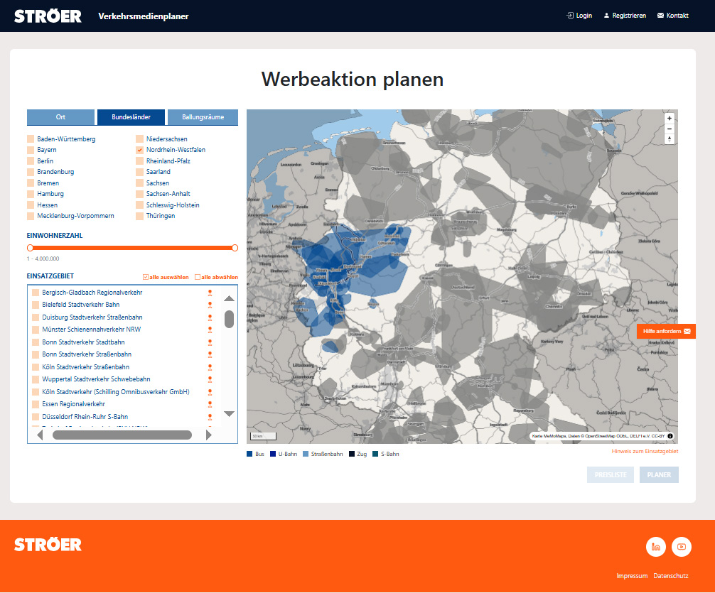 Verkehrsmedienplaner Online Tool mit Karte