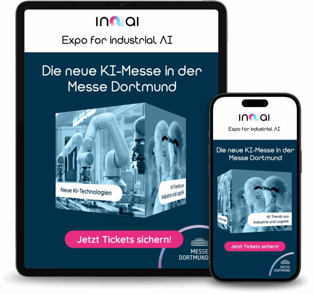 Tablet und Smartphone zeigen Werbung für die KI-Messe in Dortmund mit Industrie-Robotern und futuristischem Design in Blau.