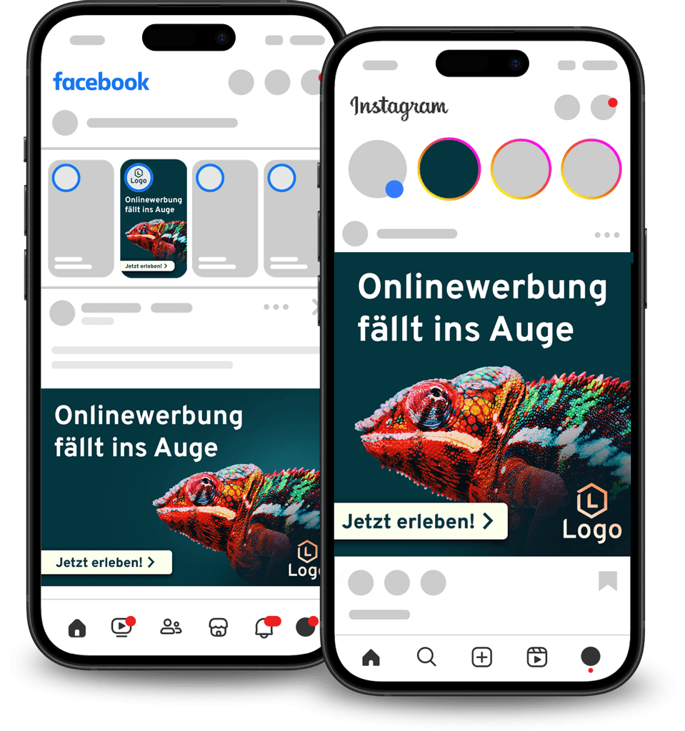 Zwei Smartphones zeigen Social-Media-Werbung mit einem bunten Chamäleon.