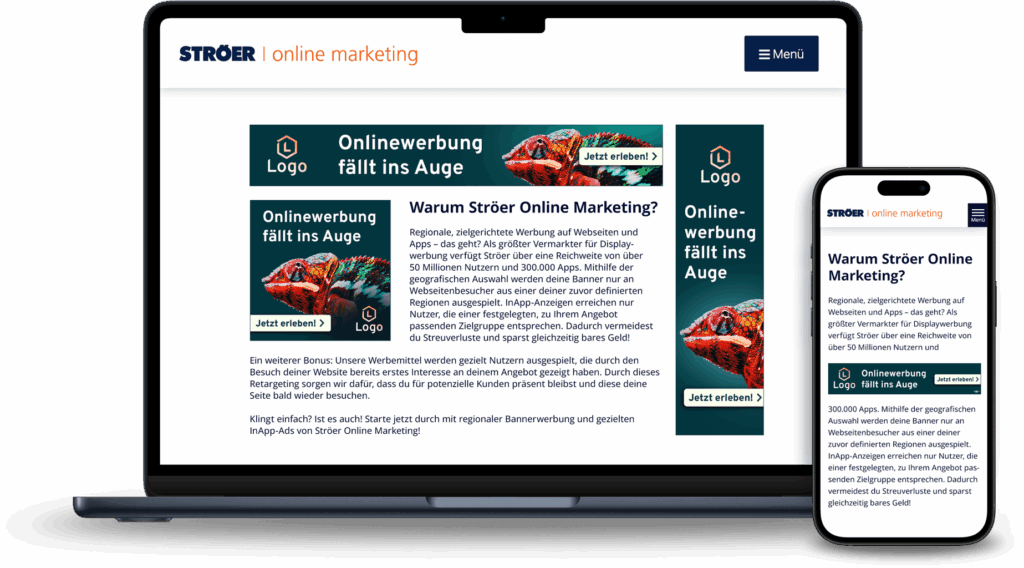 Laptop und Smartphone zeigen eine Webseite zur Online-Werbung mit buntem Grafikdesign.