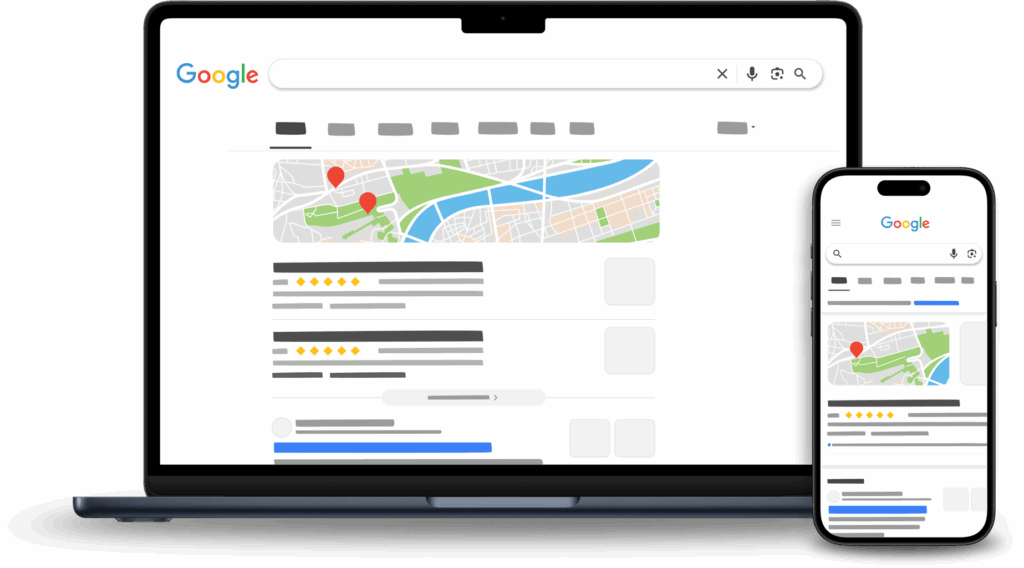 Ein Laptop und ein Smartphone zeigen eine Google-Maps-Suchseite mit Kartenansicht.