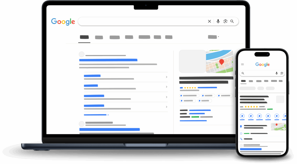 Ein Laptop und ein Smartphone zeigen eine Google-Suchseite mit Kartenansicht.
