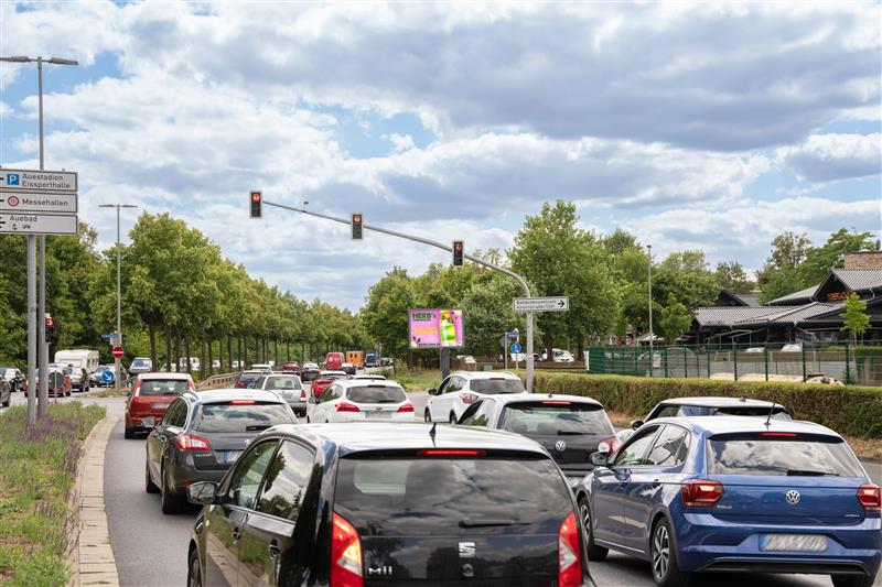 Mehrere Autos warten vor einer roten Ampel auf einer Straße mit viel Grün und blauem Himmel