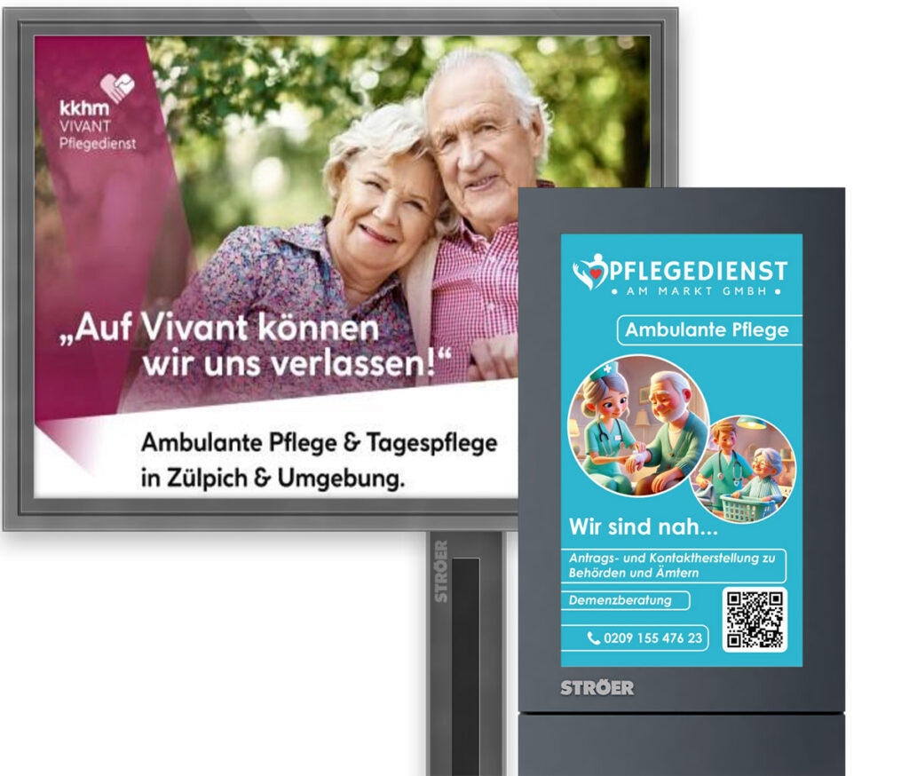 Laechelndes aelteres Paar in bunten Hemden auf Pflegeplakat in Pink und Blau
