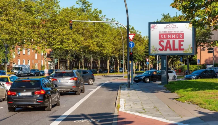 Starker Autoverkehr bei Sonnenschein mit grossem Summer Sale Plakat