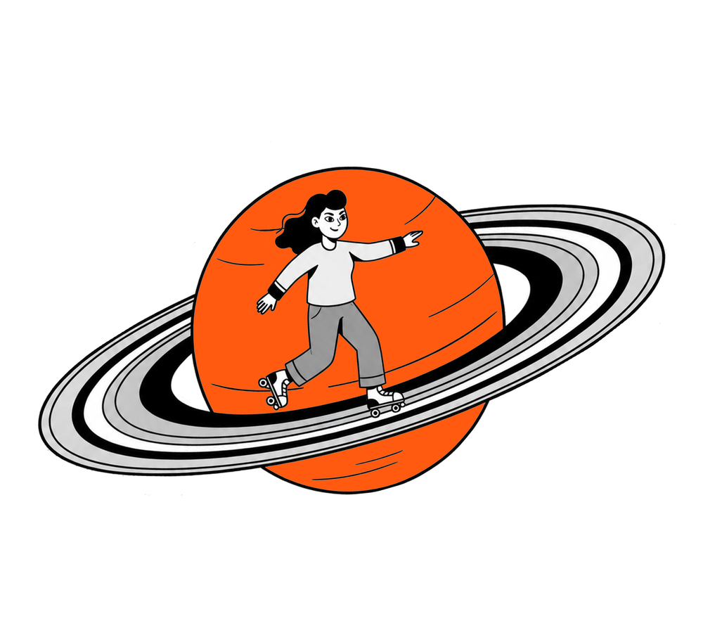 Junge Frau mit laechelndem Ausdruck faehrt Rollschuhe auf orangefarbenem Saturn