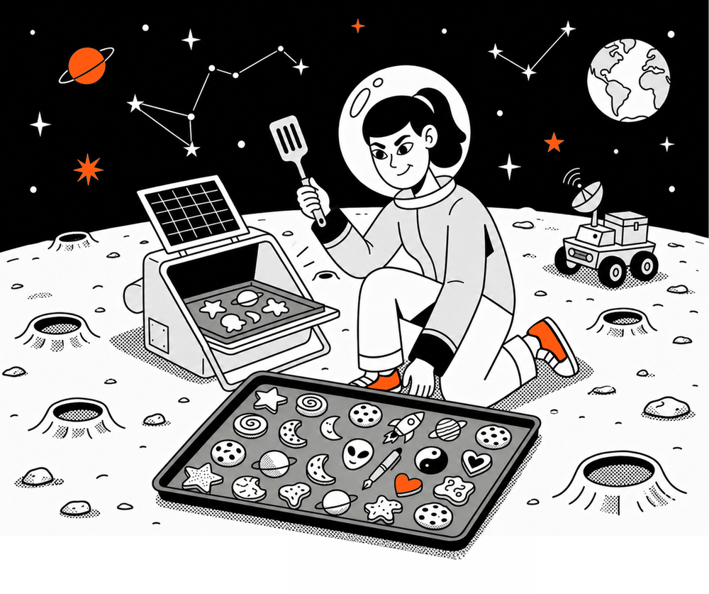 Astronautin backt laechelnd Kekse auf dem Mond mit orangefarbenen Details