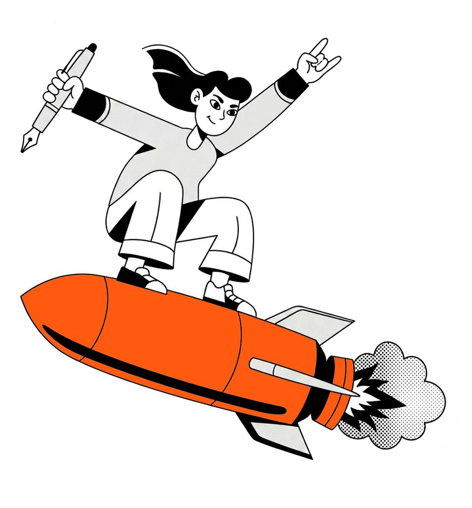 Laechelnde Frau mit Fueller surft freudig auf einer orangefarbenen Rakete