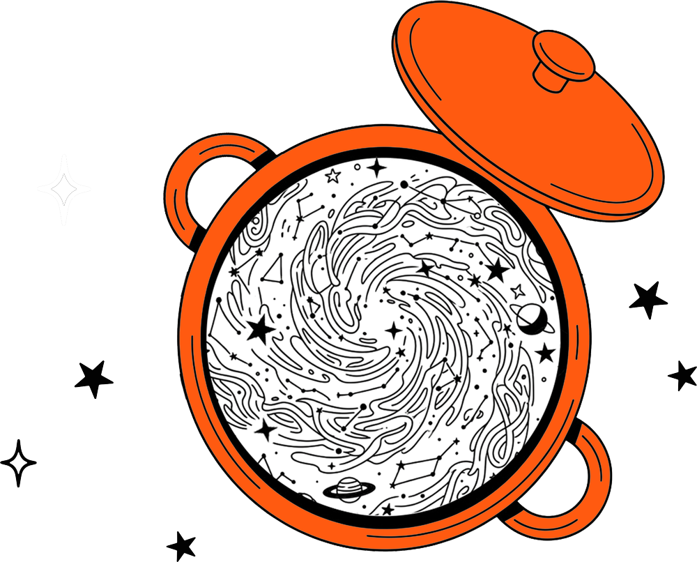 Oranger Topf gefuellt mit einer galaxieaehnlichen Spirale aus Sternen und Planeten