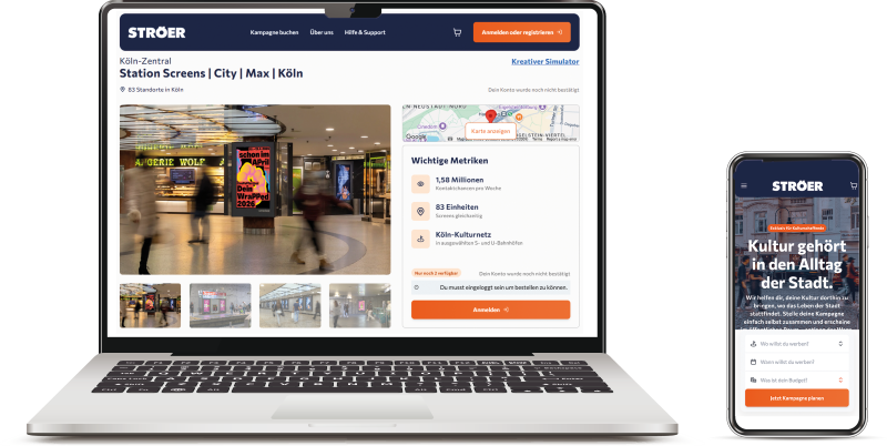 Laptop und Smartphone zeigen die Stroeer Webseite fuer Werbung in Koeln